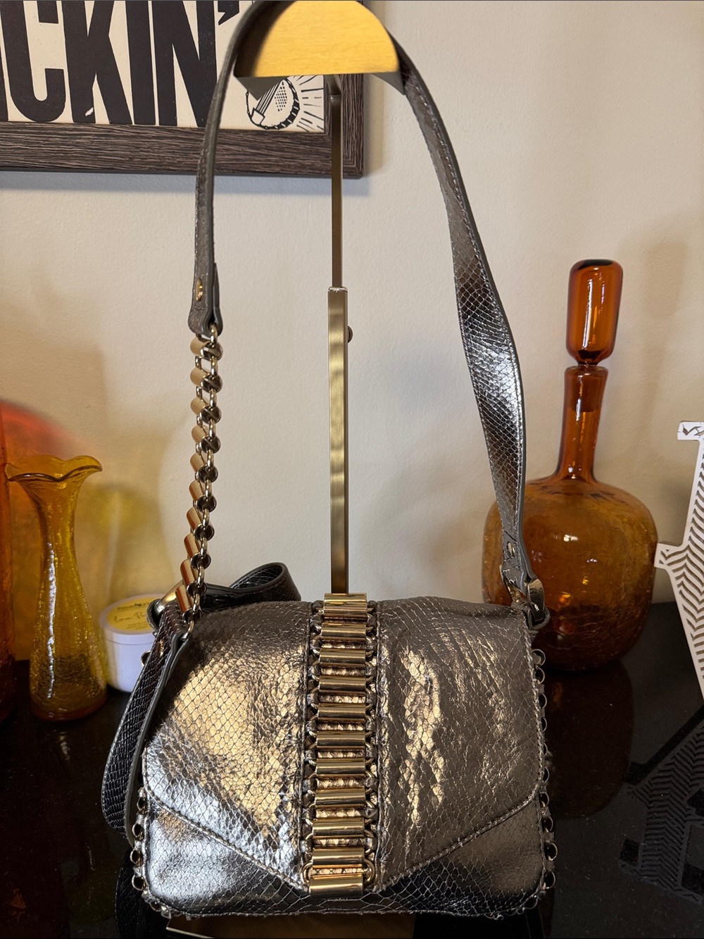 Ted Baker Metallic Bronzed Gold Shoulder Bag with Gold Chain Detail